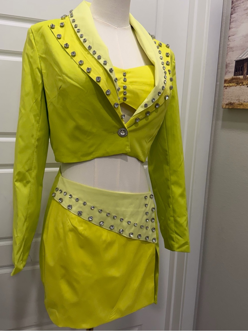 3PC Lime Yellow Rhinestone Embellished Blazer, Bralette & Mini Skirt Set NWT - Picture 12 of 12